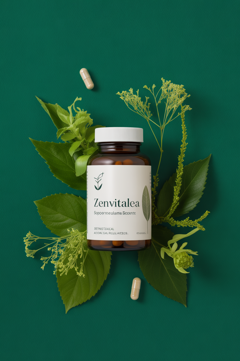 Zenvitalea amber bottle illustration with botanical accents on a deep green background